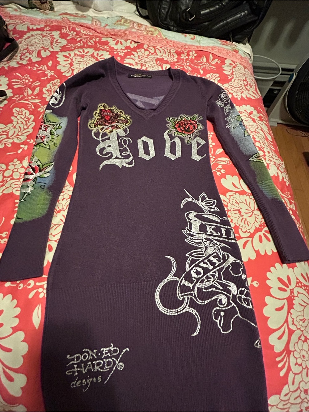 Y2K Ed Hardy Purple Long-Sleeve V-Neck 'Love' Sweater Dress